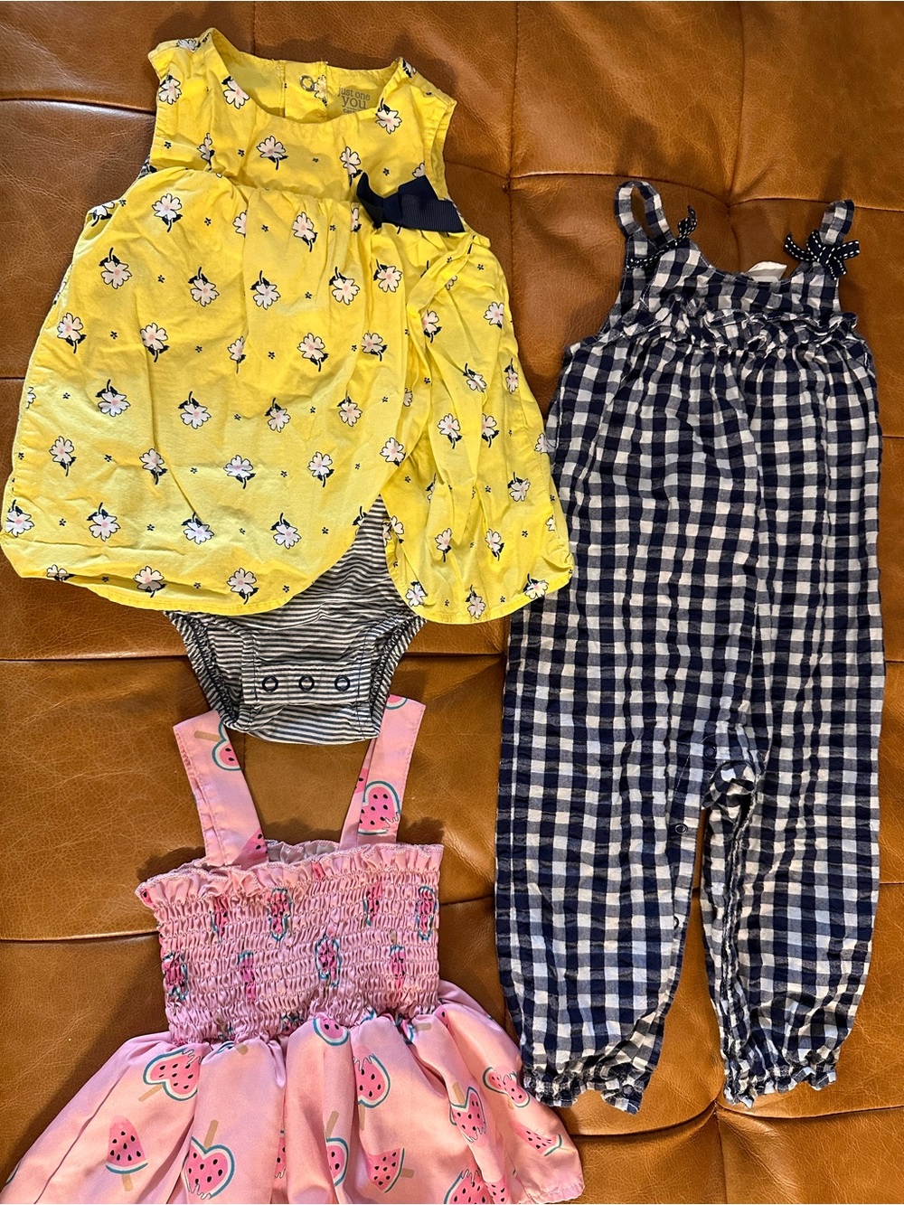 Carter's Yellow Floral Sleeveless Bodysuit with Navy Gingham Overalls